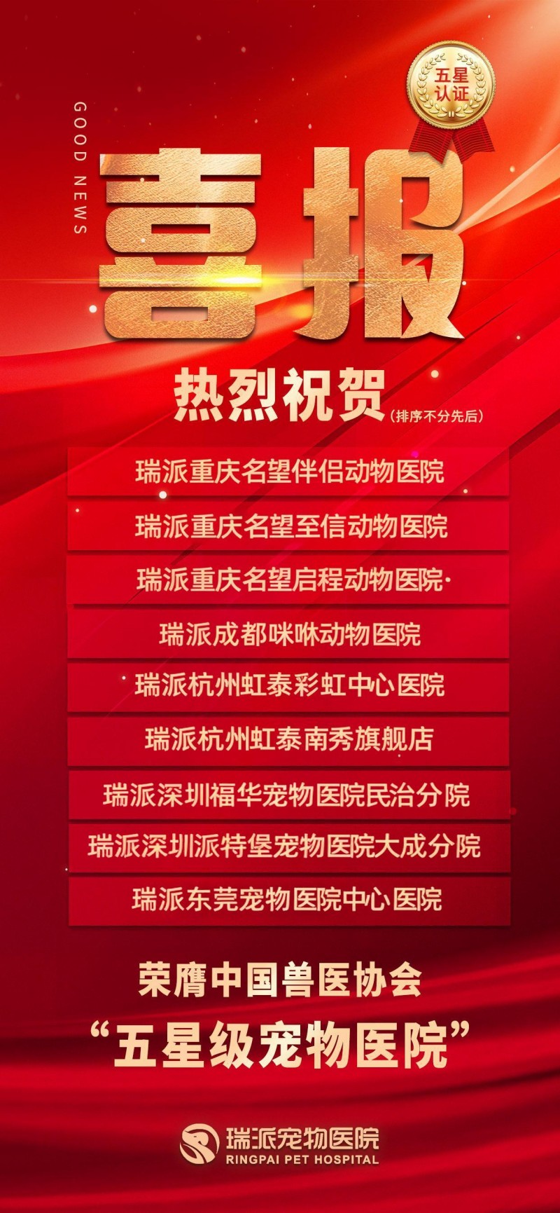 五星级认证再扩容！瑞派九家医院荣膺中国兽医协会五星级认证