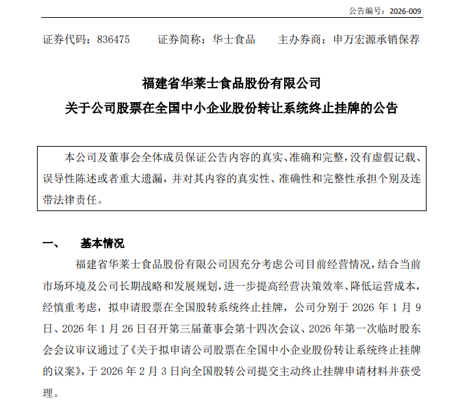 华莱士正式宣布退市