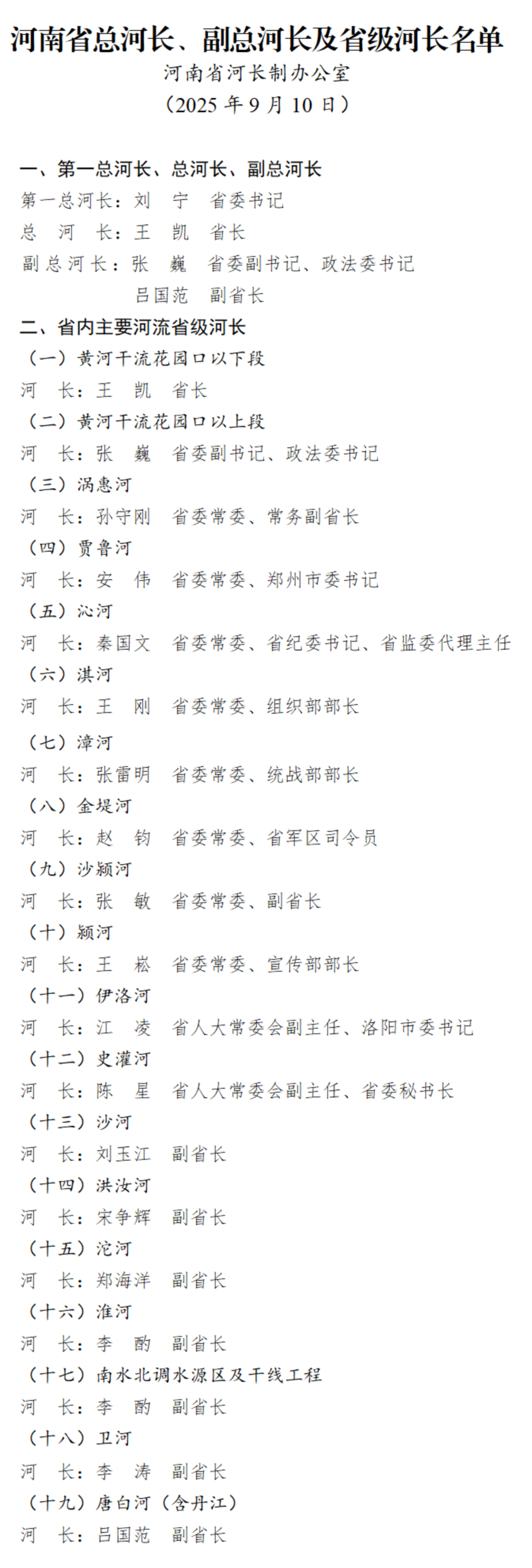 最新！河南省总河长、副总河长及省级河长名单公布
